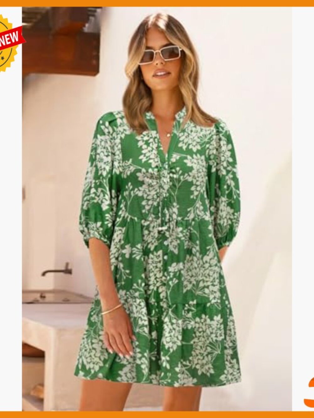 Floral Boho Shift Dress V Neck Puff Sleeve Button Down Summer Mini Dress - Picture 2 of 7